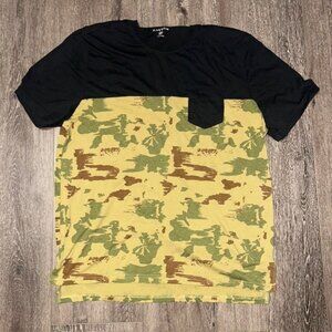 Five Four Men T-Shirt XL Olive Black Camo Colorblock Pocket Crew Neck Pullover